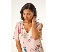 Roman Floral Angel Sleeve Top for Women UK - Ladies Spring Everyday Summer Holiday V-Neckline Comfy Cold Shoulder Detail Soft All Over Print Shirt Work Office Blouses - Light Pink - Size 18