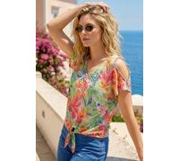 Roman Women's Floral Burnout Print Tie Front Top in Green | Size: 12
