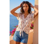 Roman Women Broderie Anglaise Tie Front Top Ladies Floral Crochet Embroidered Blouse Smart Casual Button Down Summer T-Shirt Tee Spring Cruise Beach Holiday Party
