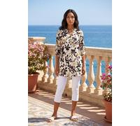 Roman Originals Shirt for Women UK Ladies Longline Top Collarless Blouse Smart Tunic Casual Evening Relaxed Fit 3/4 Length Sleeve Notch V Neck Long - Ivory Floral - Size 12
