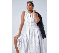 Roman Floral Cotton Broderie Midi Dress for Women UK - Ladies Spring Everyday Summer Holiday V-Neckline Comfy Sleeveless Soft Fit & Flare Frock Vacation Gowns - White - Size 20