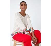 Roman Floral Crochet Hem Cotton Jumper for Women UK - Ladies Spring Everyday Summer Holiday Round Neckline Comfy 3/4 Sleeve Soft Relaxed Fit Top Sunny Beach Sweaters - Ivory - Size 14