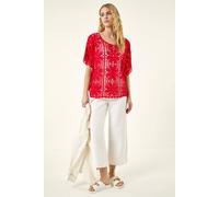 Roman Women's Floral Crochet Knit Top in Red | Size: 14 Roman Red 14