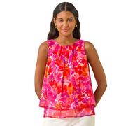 Roman Originals Floral Double Layered Pleated Top for Women UK - Ladies Everyday Holiday Spring Summer Round Neckline Comfy Soft Evening Vacation Work Party - Pink - Size 20