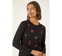 Roman Originals Women Embroidered Embellished Jumper - Ladies Round Neck Long Length Pretty Smart Casual Workwear Office Knitwear Sweatshirt Pullover - Noir Floral - Size 12
