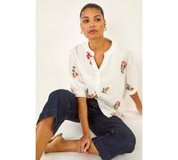 Roman Originals Shirt Top for Women UK Ladies Collarless Blouse Smart Tunic Button Through Longline Asymmetric Hem 3/4 Length Roll Up Sleeves V Neck Going Out - Size 16 - Floral Ivory