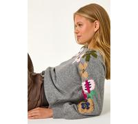 Roman Originals Floral Emellished Jumper for Women UK - Ladies Everyday Autumn Winter Crew Neckline Comfy Soft Evening Vacation Work Party Night Out - Grey - Size 14