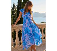Roman Frill Dress for Women UK Ladies Summer Wrap Chiffon Frill Hem Layered Belted Midi Maxi Tiered Cape Special Occasion Fit & Flare Wedding Guest Swing Skater - Floral Blue - Size 12