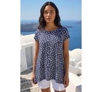 Roman Originals Hanky Hem Tunic Top for Women UK - Ladies Longline Blouse Asymmetric Hemline Short Sleeves Casual Slouch Loose Summer Spring Relaxed Comfortable - Floral Cobalt - Size 18