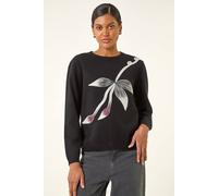 Roman Originals Women Embroidered Embellished Jumper - Ladies Round Neck Long Length Pretty Smart Casual Workwear Office Knitwear Sweatshirt Pullover - Floral Noir - Size 16
