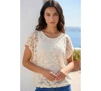 Roman Floral Lace Overlay Stretch Top for Women UK - Ladies Spring Everyday Summer Holiday Round Neckline Comfy Short Sleeve Soft Bubble Hem Shirt Office Business Blouses - Ivory - Size 18