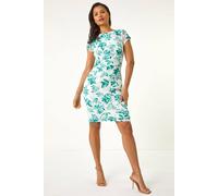 Roman Ruched Waist Lace Dress for Women - Ladies Stretch Floral Print Spring Everyday Summer Holiday Comfy Short Sleeve Soft Side Pleating Frock Essential Gown - Green - Size 20