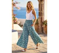 Roman Originals Animal Shirred Palazzo Stretch Trouser for Women UK - Ladies Everyday Holiday Spring Summer Comfy Soft Evening Vacation Work Party - Green - Size ONE