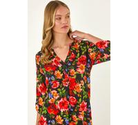 Roman Originals Shirt for Women UK Ladies Top Collarless Blouse Stretchy Tunic Smart Casual Autumn Winter Jersey 3/4 Length Sleeve Notch V Neck Flattering Office Work - Red Floral - Size 14