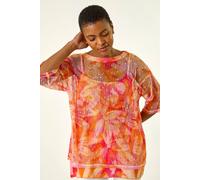 Roman Originals Mesh Overlay Floral Print Blouse for Women UK - Ladies Smart Top Casual T-Shirt Summer Spring Flower Printed Mesh Layer Stretch Jersey Comfy Tee Shirt - Orange - Size 20