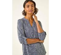 Roman Shirt for Women UK Ladies Top Collarless Blouse Stretchy Tunic Smart Casual Autumn Winter Jersey 3/4 Length Sleeve Notch V Neck Flattering Office Work - Floral Grey - Size 12