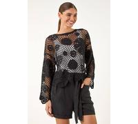 Roman Women's Floral Open Crochet Knit Tunic in Black | Size: Large Roman Black L