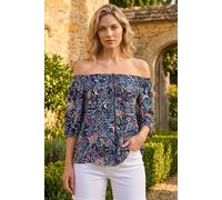 Roman Bardot Top Off Shoulder Blouse for Women UK - Ladies Floral Print Shirt Palm Leaf Tropical Ditsy Cold Shoulder Jersey Frill Cuff Summer Spring Holiday