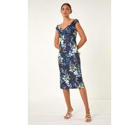 Roman Originals Off The Shoulder Floral Dress for Women UK - Ladies Everyday Holiday Spring Summer V-Neckline Comfy Soft Evening Vacation Work Party - Navy - Size 12