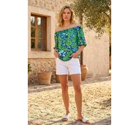 Roman Originals Bardot Top Off Shoulder Blouse for Women UK - Ladies Floral Print Shirt Palm Leaf Tropical Ditsy Cold Shoulder Jersey Frill Cuff Summer Spring Holiday - Green Blue Floral - Size 12