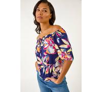 Roman Originals Bardot Top Off Shoulder Blouse for Women UK - Ladies Floral Print Shirt Palm Leaf Tropical Ditsy Cold Shoulder Jersey Frill Cuff Summer Spring Holiday - Navy Floral - Size 10