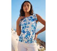 Roman Floral Print Bow Detail Stretch Top for Women UK - Ladies Spring Everyday Summer Holiday Round Neckline Comfy Sleeveless Soft Shirred Vest Shirt Work Office Blouses - Blue - Size 12