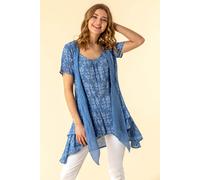 Roman Women's Floral Print Crinkle Tunic Top in Light Blue | Size: 10 Roman Light Blue 10