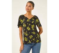 Roman Women's Floral Print Gathered Stretch Top in Black | Size: 14 Roman Black 14