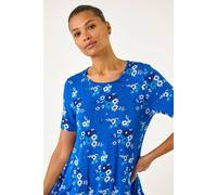 Roman Originals Hanky Hem Tunic Top for Women UK - Ladies Longline Blouse Asymmetric Hemline Sleeves Short Sleeve Casual Slouch Loose Summer Spring Relaxed Comfortable Holiday - Blue Multi - Size 12