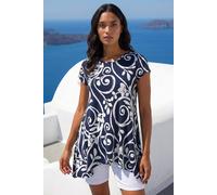Roman Originals Hanky Hem Tunic Top for Women UK - Ladies Longline Blouse Asymmetric Hemline Short Sleeves Casual Slouch Loose Summer Spring Relaxed Comfortable - Navy Floral - Size 18