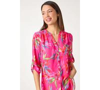 Roman Originals Shirt Top for Women UK Ladies Collarless Blouse Smart Tunic Button Through Longline Asymmetric Hem 3/4 Length Roll Up Sleeves V Neck Going Out - Cerise Multicoloured - Size 12