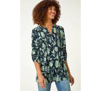 Roman Originals Pintuck Shirt for Women Ladies Jersey Blouse Collarless Top Flare Crinkle Notch Neck Tunic 3/4 Length Sleeve Longline Smart Casual Party Going Out