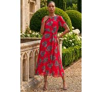Roman Floral Print Pleat Neck Midi Dress for Women UK Ladies Spring Everyday Summer Holiday Round Neckline Comfy Short Sleeve Soft Fit & Flare Frock Dinner Date - Red - Size 14