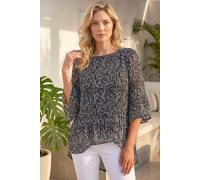 Roman Originals Floral Print Pleated Top for Women UK - Ladies Everyday Autumn Winter Round Neckline Comfy Soft Evening Vacation Work Party Night Out - Black White - Size 12