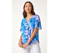 Roman Women's Floral Print Ruffle Top in Blue | Size: 16 Roman Blue 16