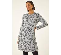Roman Originals Women Long Sleeve Swing Dress - Ladies Autumn Winter Smart Casual Everyday Checkered Print Round Neck Stretch Comfortable Jersey Dresses - Floral Grey - Size 18