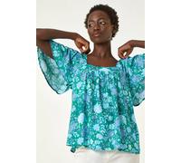 Roman Women's Floral Print Square Neck Top in Blue | Size: 10