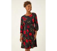 Roman Women Gathered Chest Dress Ladies Stretchy Fit & Flare Swing Tea A Line Skater Knee Length Long Sleeve Midi Smart Casual Work Going Out Cocktail Party - Red Floral - Size 18
