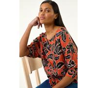 Roman Originals Floral Print Tunic Top for Women UK - Ladies Everyday Holiday Spring Summer Round Neckline Comfy Soft Evening Vacation Work Party - Orange - Size 14