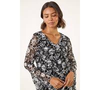 Roman Originals Lace Floral Print V-Neck Top for Women UK - Ladies Everyday Autumn Winter V-Neckline Comfy Soft Evening Vacation Work Party Night Out - Noir - Size 12