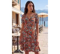 Roman Originals Wrap Dress for Women UK Ladies Swing Skater Fit & Flare A Line Tea Stretch Knee Length V-Neck Holiday Summer Smart Casual Work Party Evening - Floral Rust - Size 18