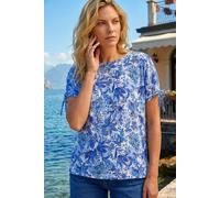 Roman Originals Floral Printed Tie Sleeve Top for Women UK - Ladies Everyday Holiday Spring Summer Round Neckline Comfy Soft Evening Vacation Work Party - Blue - Size 10