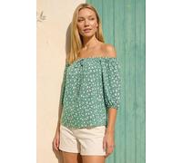 Roman Bardot Top Off Shoulder Blouse for Women UK - Ladies Floral Print Shirt Palm Leaf Tropical Ditsy Cold Shoulder Jersey Frill Cuff Summer Spring Holiday