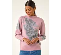 Roman Originals Floral Rose Shimmer Knit Jumper for Women UK - Ladies Everyday Autumn Winter High Neckline Comfy Soft Evening Vacation Work Party Night Out - Light Pink - Size 18