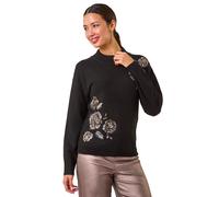 Roman Originals Women Sparkly Embellished Jumper Ladies Diamante Sequin Hotfix Winter Sweater NYE New Year's Eve Christmas Party Going Out Shiny Smart Work Pullover - Noir Floral - Size 12