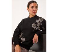 Roman Originals Women Sparkly Embellished Jumper Ladies Diamante Sequin Hotfix Winter Sweater NYE New Year's Eve Christmas Party Going Out Shiny Smart Work Pullover - Noir Floral - Size 14