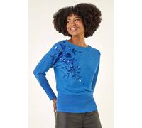 Roman Originals Women Diamante Embellished Jumper Ladies Sparkly Sequin Sweater Batwing Autumn Winter Knit Knitwear Glittery Shiny Casual Evening Going Out Party - Blue - Size 18