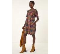 Roman Originals Floral Shift Buttoned Dress for Women UK - Ladies Everyday Holiday Spring Summer Round Neckline Comfy Soft Evening Vacation Work Party - Multi - Size 12