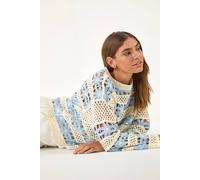 Roman Women's Floral Stripe Crochet Knit Jumper in Light Blue | Size: Small Roman Light Blue S