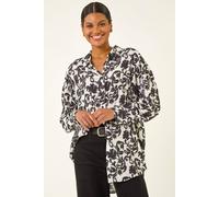 Roman Originals Shirt for Women Ladies Cotton Blouse Button Through Tunic Printed Top Work Long Sleeve Smart Casual Going Out Work Office V Neck Everyday Evening Event - Noir Floral - Size 20